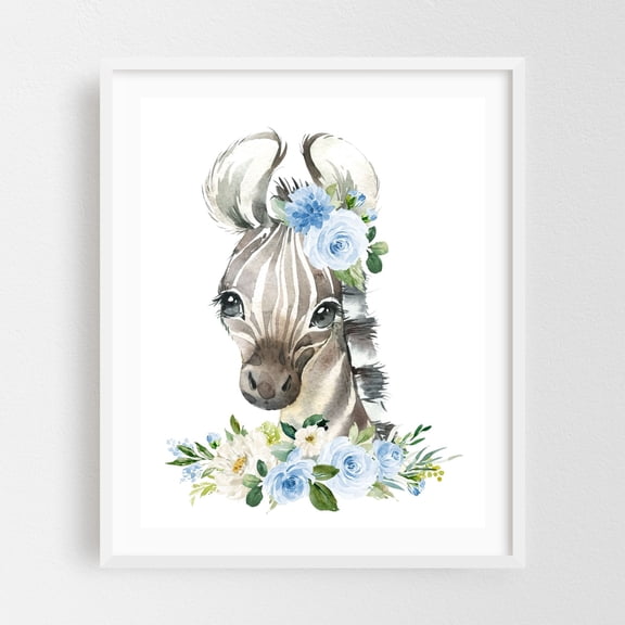Zebra, Jungle Animals, Safari Animals, Blue Flowers, Boy Nursery - Illustration Watercolor Floral Animal Whimsical Botanical White Framed Wall Art Print 6 x 8 inches