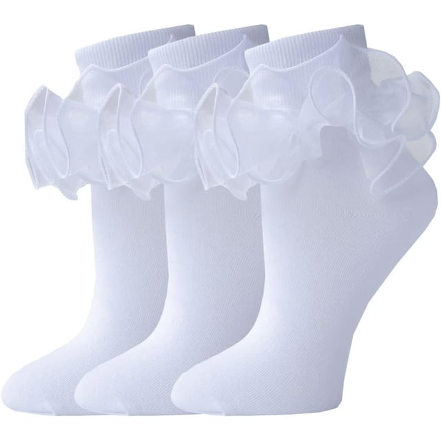 Women Big Ruffle Socks Double Lace Turn Cuff (Size 9-11, 3 Pairs)
