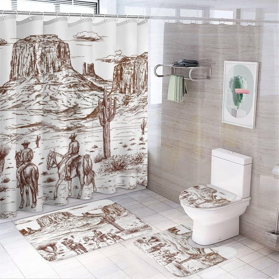 Western Vintage Cowboy 4 Pcs Shower Curtain set Bathroom Set American Cowboy Riding Horses Wild West Desert Shower Mat Shower Curtain with Rug 12 Hooks,72" W x 72" L