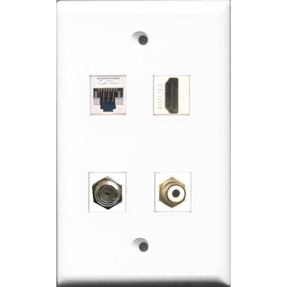 RiteAV - 1 Port HDMI and 1 Port RCA White and 1 Port Coax Cable TV- F-Type and 1 Port Cat5e Ethernet White Wall Plate