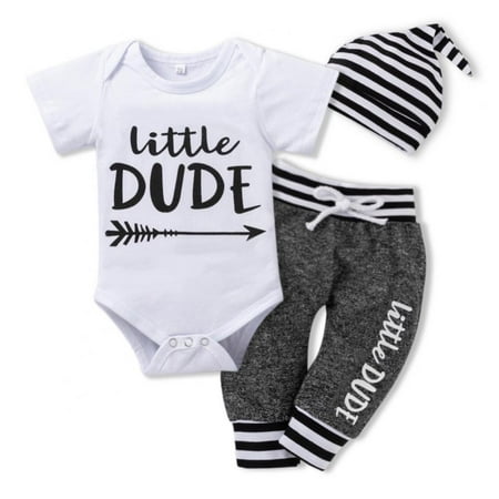 

Baby Boy Outfits Infant Little Dude Short Sleeve Romper+ Pants Trouser+ Hat Clothes Set 3 Pack( Newborn Boys) 6-12 Months