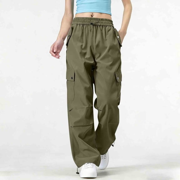 Karight Womens High Waisted Cargo Pants Wide Leg Drawstring Casual Loose Fit Green Cargo Trousers with Pockets and Straps