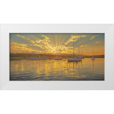 Adamov Alexey 24x14 White Modern Wood Framed Museum Art Print Titled - Sails in Harbour by the Sunset