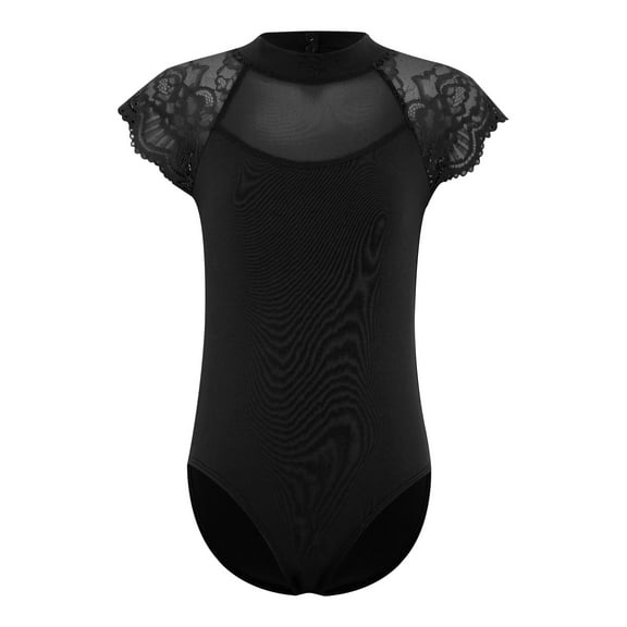 Haitryli Kids Girls Cap Sleeve Floral Lace Ballet Dance Leotard Backless Gymnastics Jumpsuit One Piece Bodysuit Dancewear Black 9-10