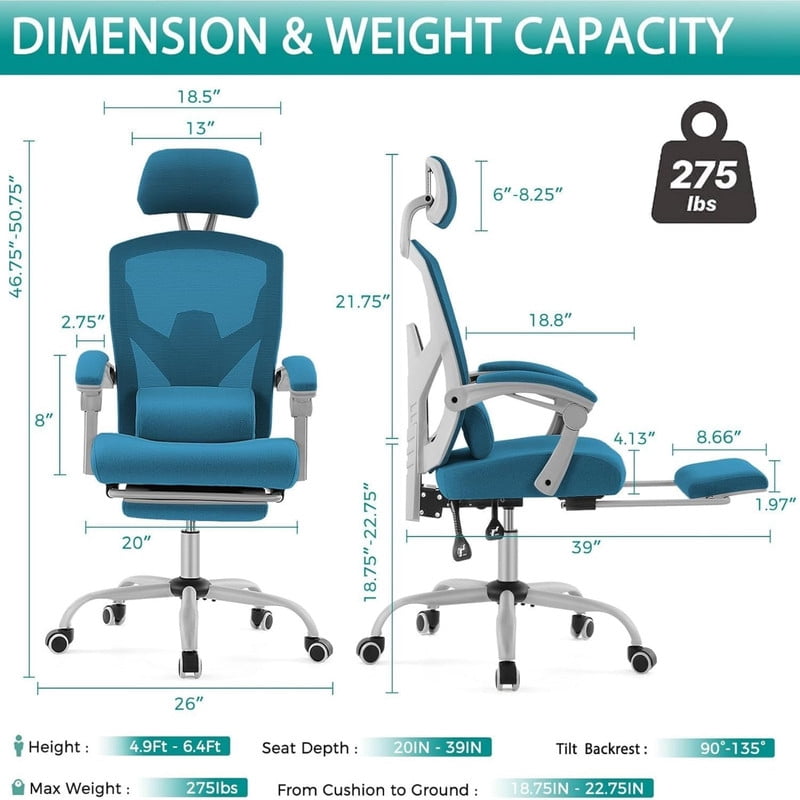 Kelno Ergonomic Office Chair High Back Reclining Swivel Desk Chair Retractable Footrest, Blue