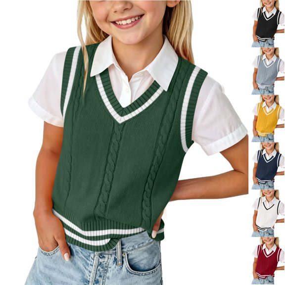 Husipze Kids Sweater Vest Sleeveless Versatile Cable Knit Layering Lightweight V-neck Solf Pullover with Striped Trim Green 0-1 Years