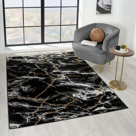 Luxe Weavers Black 4x5 Marble Abstract Area Rug Gold Stain-Resistant Carpet