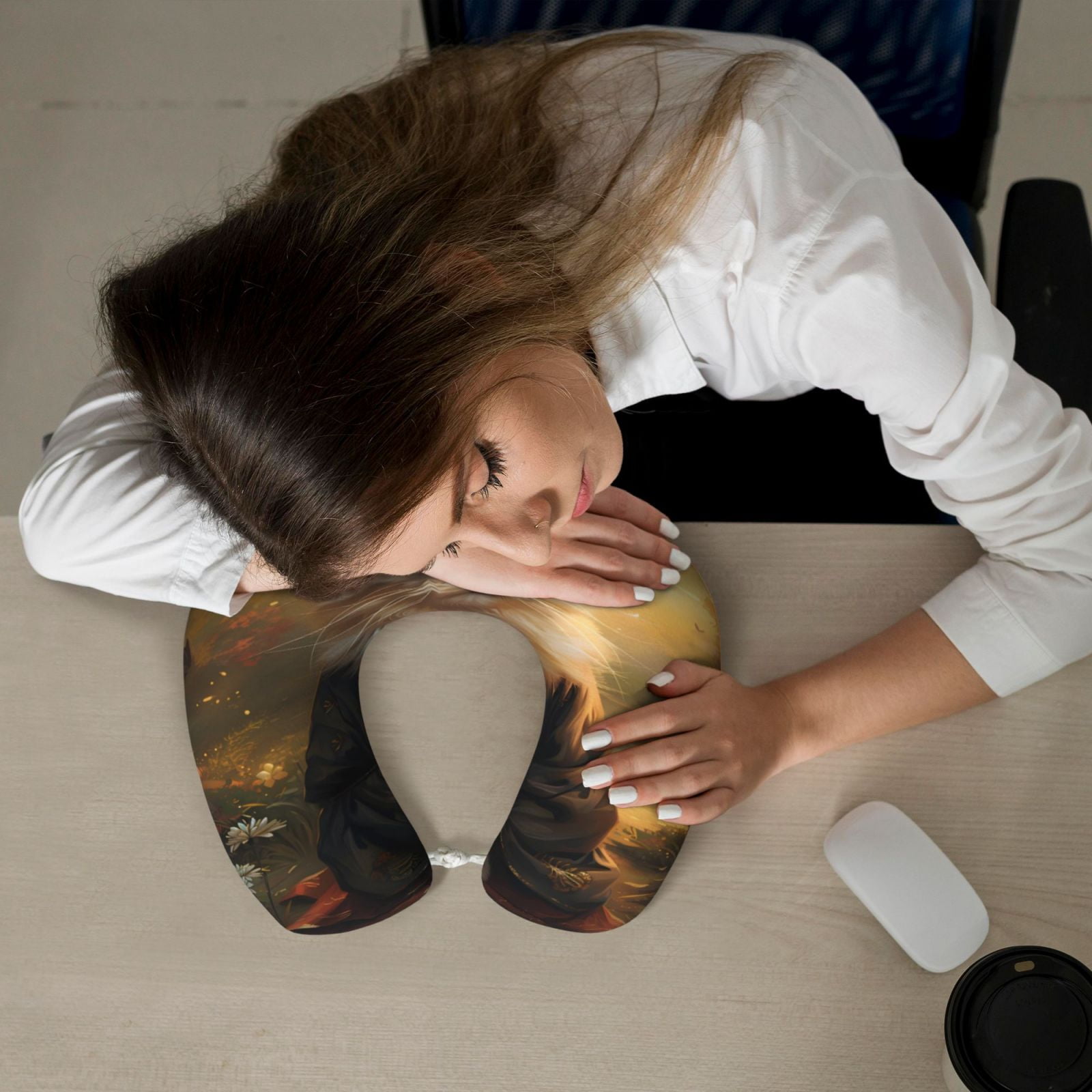 Xecao Lakeside Flower Field Cat Print Memory Foam Cervical Neck Pillow Versatile U-Shaped Pillows for Home,Office,Camping,Travelling,Soft Washable Cover
