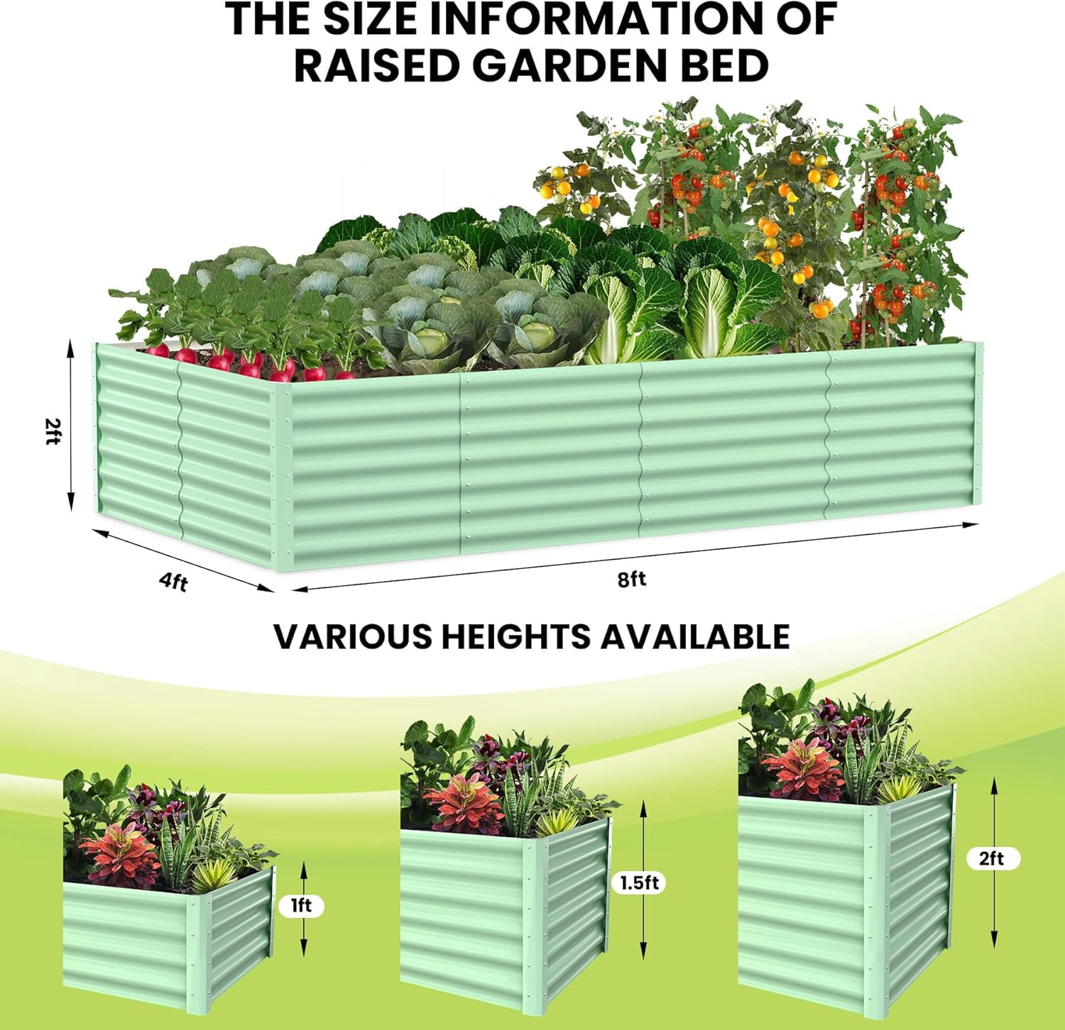 Lumiparty 8x4x2ft Metal Galvanized Raised Garden Bed, Ground Planter Box for Outdoor Vegetables Flowers, Green