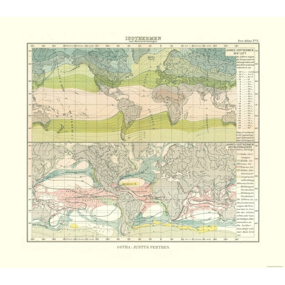 Historic Nautical Map - Isotherm Ocean Currents - Perthes 1914 - Vintage Wall Art