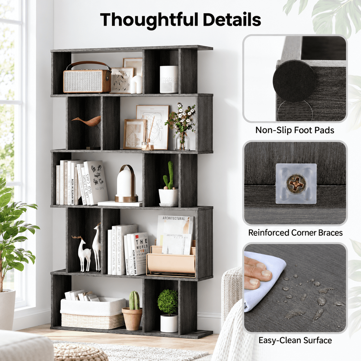 Furnibear 5 Tier Tall Bookshelf Bookcase with Open Shelves and Closed-Back Cube Storage for Living Room Home Office and Bedroom, Oak