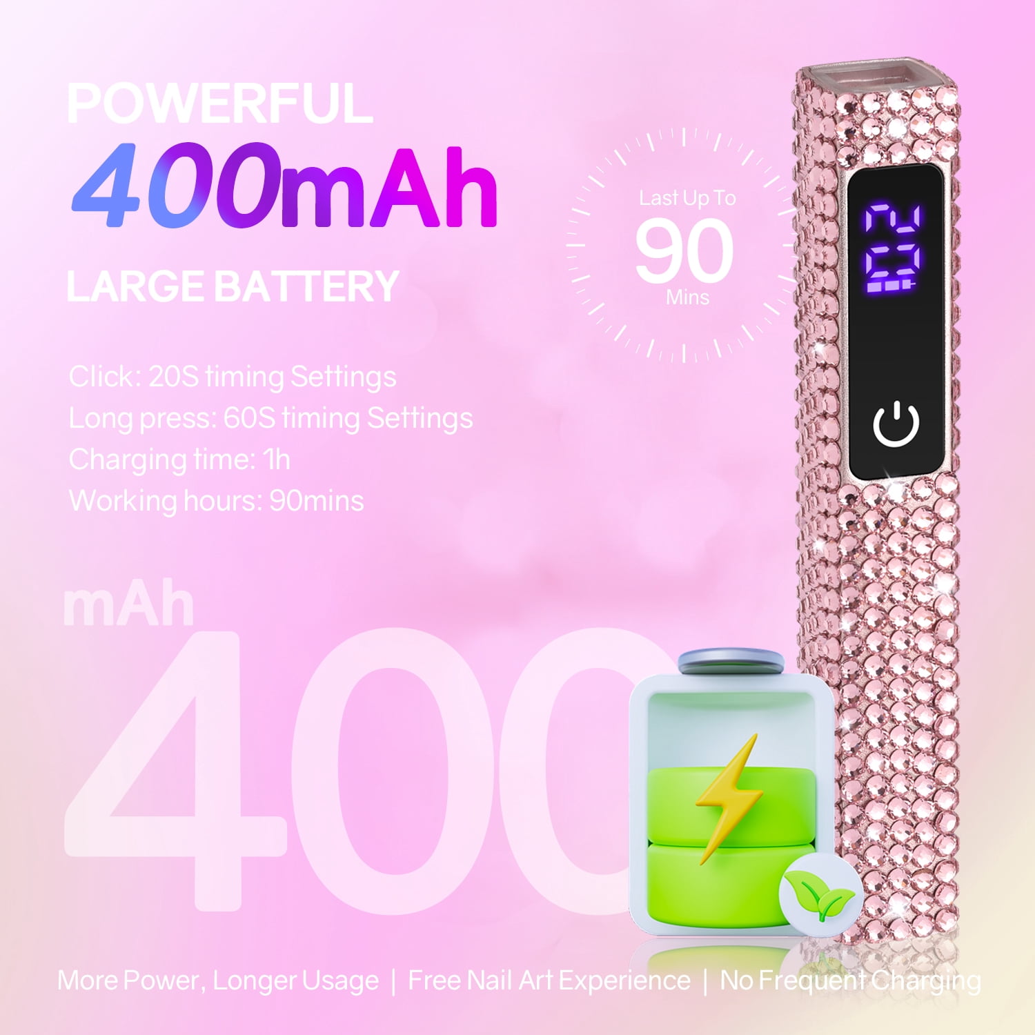 PRYZUNA Mini Crystal LED UV Nail Lamp – Portable Gel Polish Dryer with Touch Timer, USB-C Rechargeable Design with Rhinestone Finish