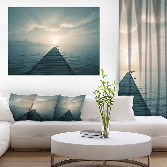 Dark Boardwalk into Blue Sea - Bridge Canvas Art Print