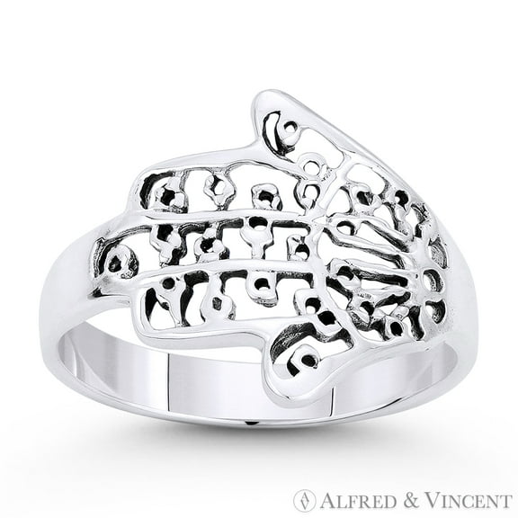 Hamsa Hand Evil Eye Luck Charm Ring in Oxidized .925 Sterling Silver