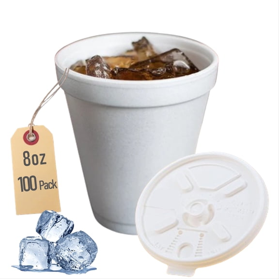 8OZ Foam Cups for Hot & Cold Drinks With Lids, USA-Made 100-Pack - Ideal Styrofoam Coffee Cups, Insulating To-Go Cups for Soda, Tea, Juice - Sturdy, Disposable & comparable to Industry standard 8J8