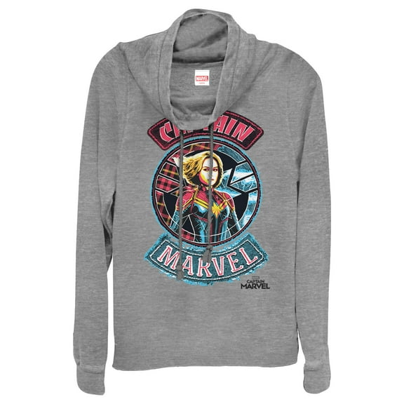Junior's Marvel Captain Marvel Hero Patch Cowl Neck Sweatshirt Gray Heather Medium