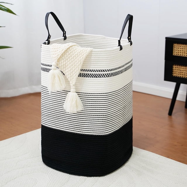 Cesta de ropa tejida Nursery Hamper danpinera de 100 litros, color blanco y negro