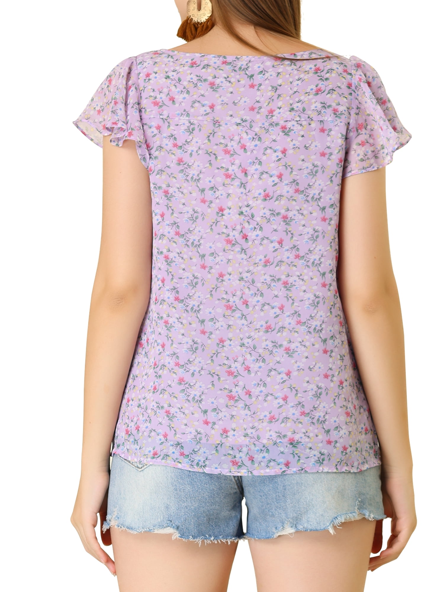 DARING DIVA Women's Floral Ruffle Sleeve Chiffon Blouse Top L Purple