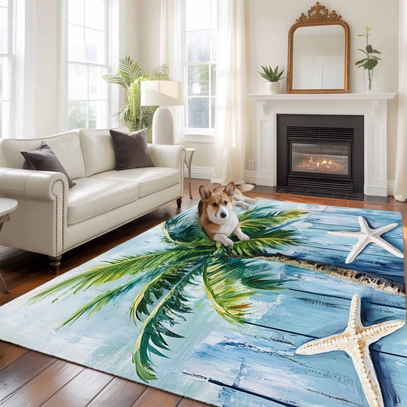 6'x9' Area Rugs, Coastal Beach Indoor Outdoor Area Rug for Living Room Bedroom, Green Tropical Palm Vintage Blue Wood Grain Washable Bathroom Rugs Kitchen Floor Carpet Mats Home Decor Aesthetic