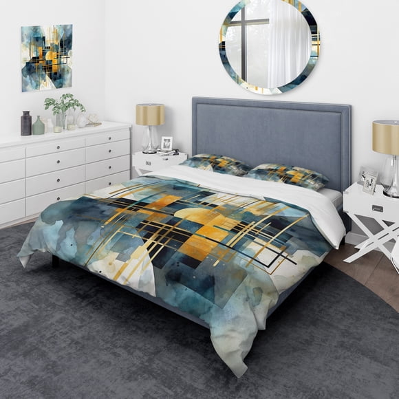Designart "Abstracted Realities Gold Blue Composition" Abstract Shapes Bedding Covert Set - Abstract Gold Modern Bed Set With 2 Shams