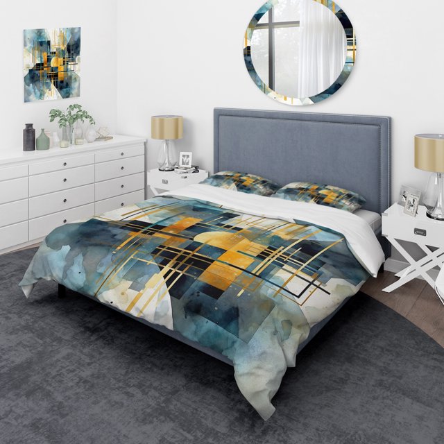 Designart "Abstracted Realities Gold Blue Composition" Abstract Shapes Bedding Covert Set - Abstract Gold Modern Bed Set With 2 Shams