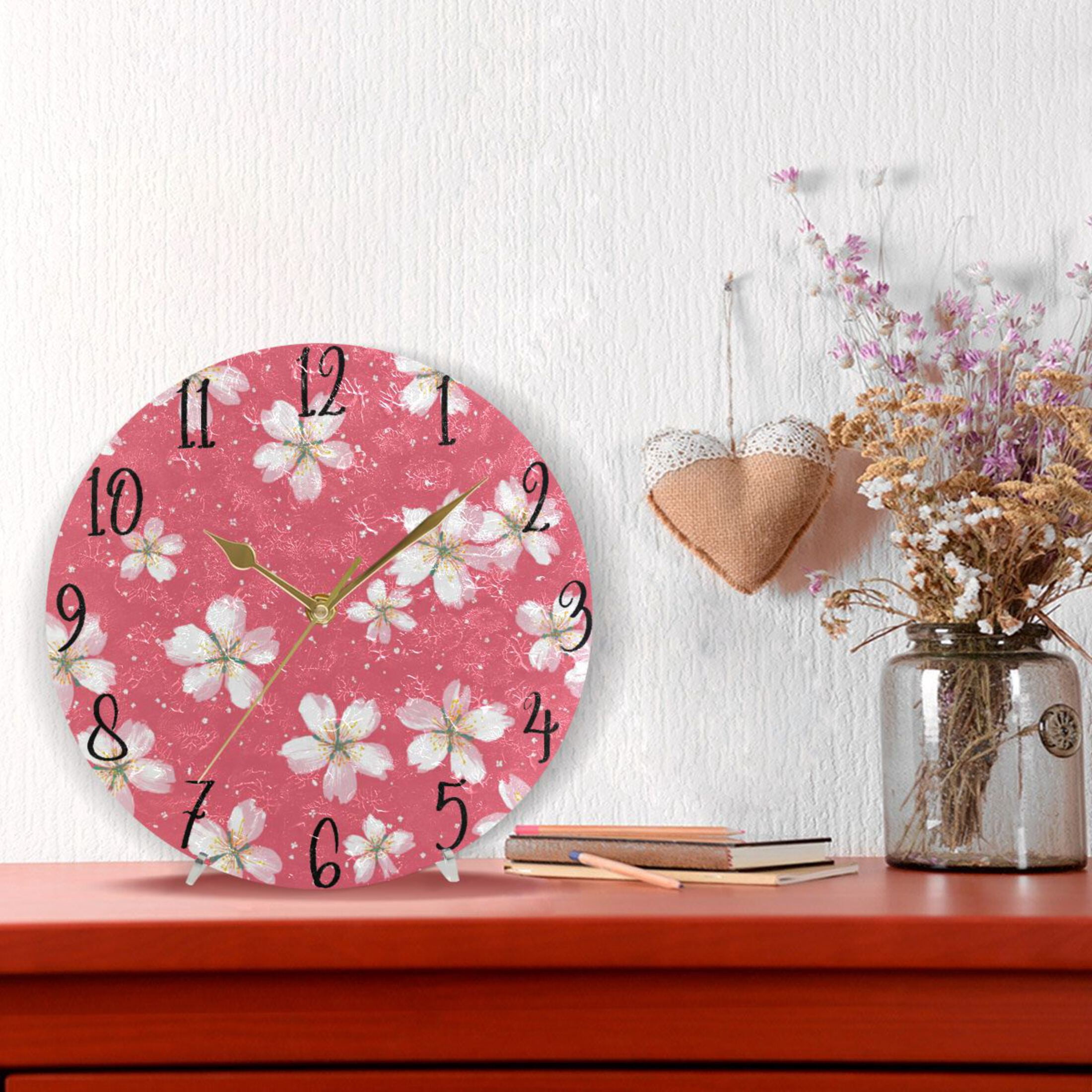 10" Quartz Indoor Wall Clock Silent Mechanism - Delicate Pink Cherry Pattern