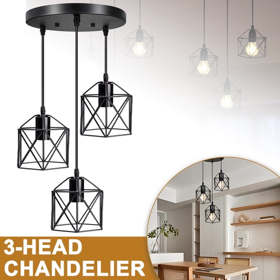 Vintage Pendant Light Fixtures (No Bulb Included) E26 Base Adjustable Hanging Pendant Lights Fixture with 3 Light Cage Shade, Flush Mount Ceiling Swag Lighting