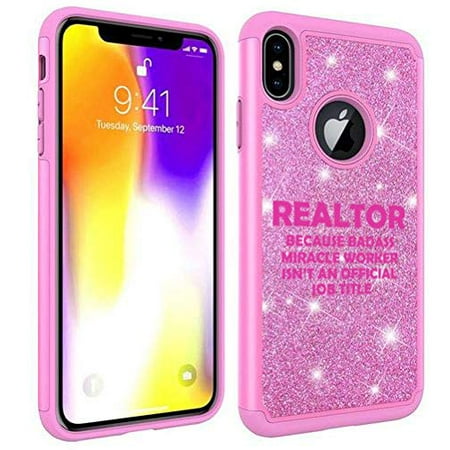 Glitter Bling Sparkle Shockproof Protective Hard Soft Case Cover for Apple iPhone Realtor Real Estate Agent Broker Miracle Worker Job Title Funny (Pink, for Apple iPhone 7 / iPhone