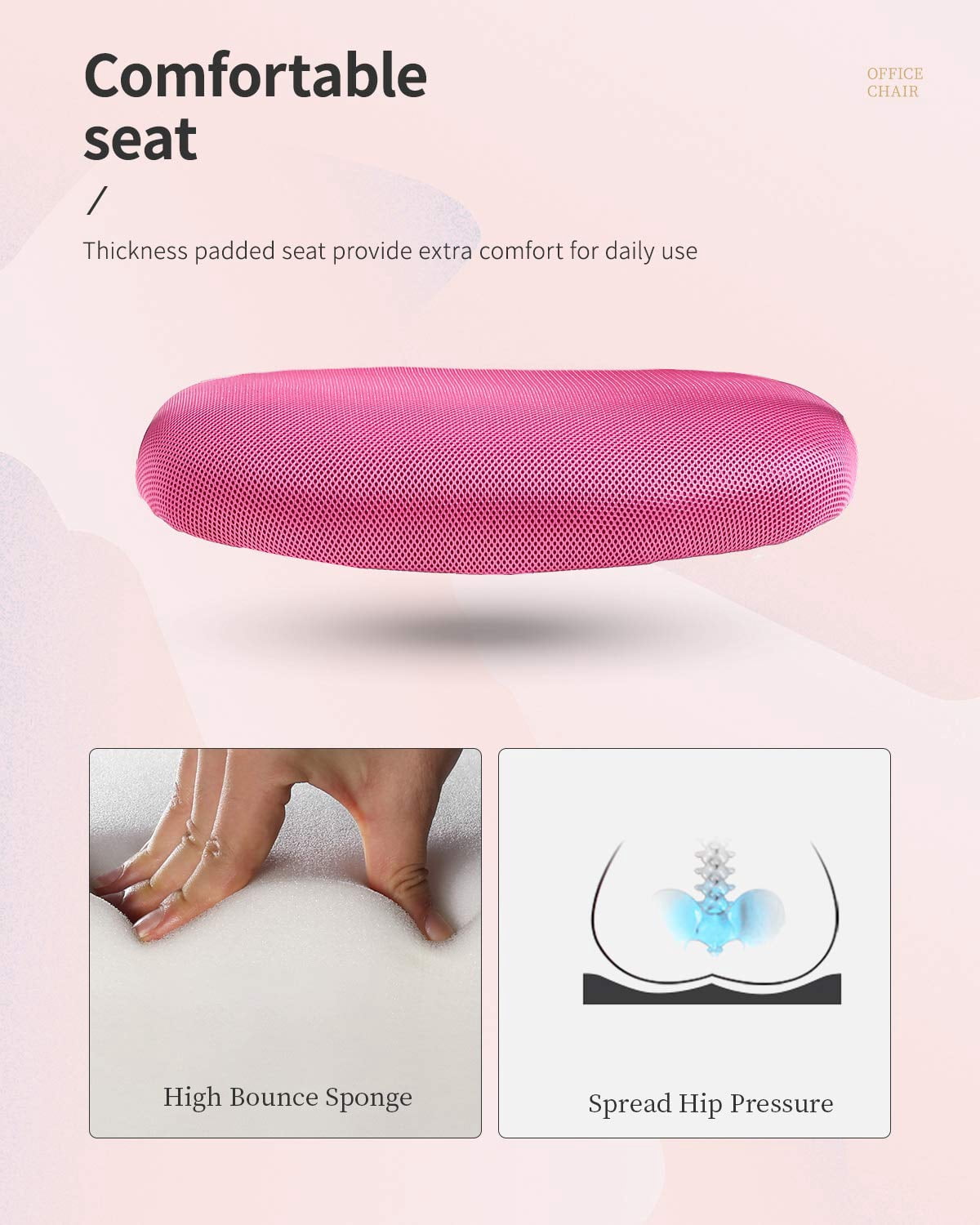 Home Office Chair - Ergonomic Mesh Desk Chair with Lumbar Support, Height Adjustable Task Chairs with Fixed Armrest, for Computer, Students, Conference, 360° Swivel, Pink