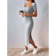 thumbnail image 4 of Women 2025 Summer Ribbed Short Sleeve Bodycon Maxi Dress Side Slit Knit Square Neck Long Sundress Light Gray M, 4 of 9