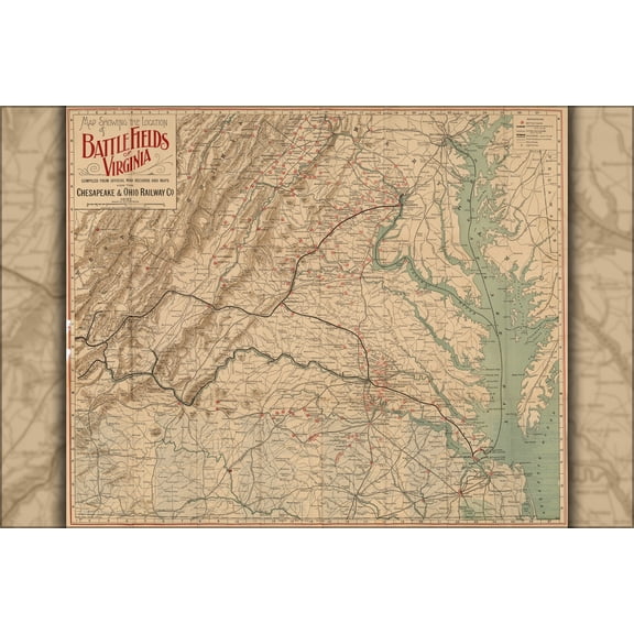24"x36" Gallery Poster, Battlefields of Virginia Map by Chesapeake & Ohio Railway Railroad Company c1891