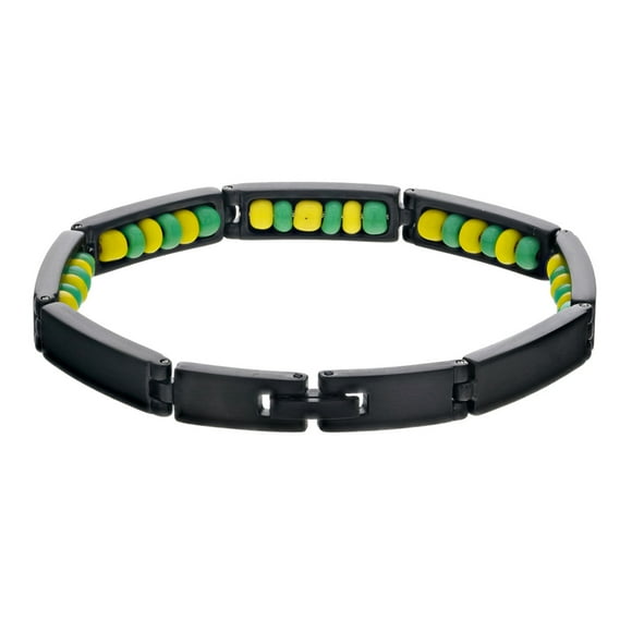 Black Stainless Steel Santeria Babalawo Green Yellow Ilde de Orula Bracelet 8"