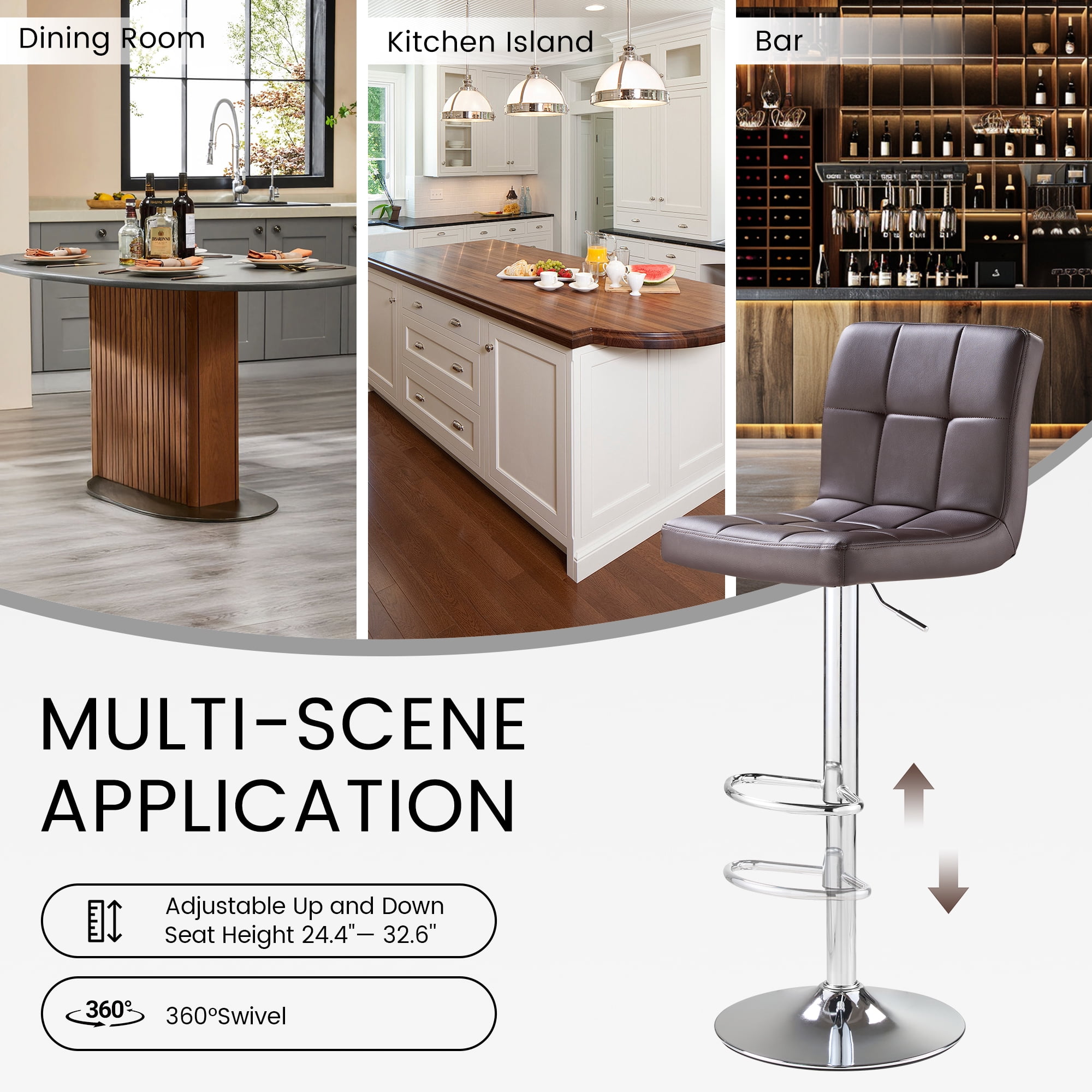 SAETSFEG Bar Stools Set of 2, Thickened Seat Cushion Adjustable Swivel Bar Stool with Backrest, Counter Height PU Leather Bar Chairs for Kitchen Island, Dining Room, Darkbrown