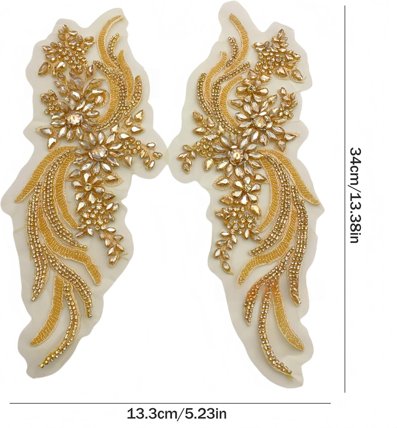 Rhinestones Beaded Appliques Embellishments: Rhinestone Applique, Retro Embroidered Lace Pure Handmade Shining Rhinestones Appliques for Dresses Wedding Dress DIY Accessories, Gold Applique (Gold)