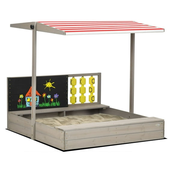 Wooden Sandbox for Kids with Canopy, Outdoor Play Bench Seats, 45x45in Gray Sandpit