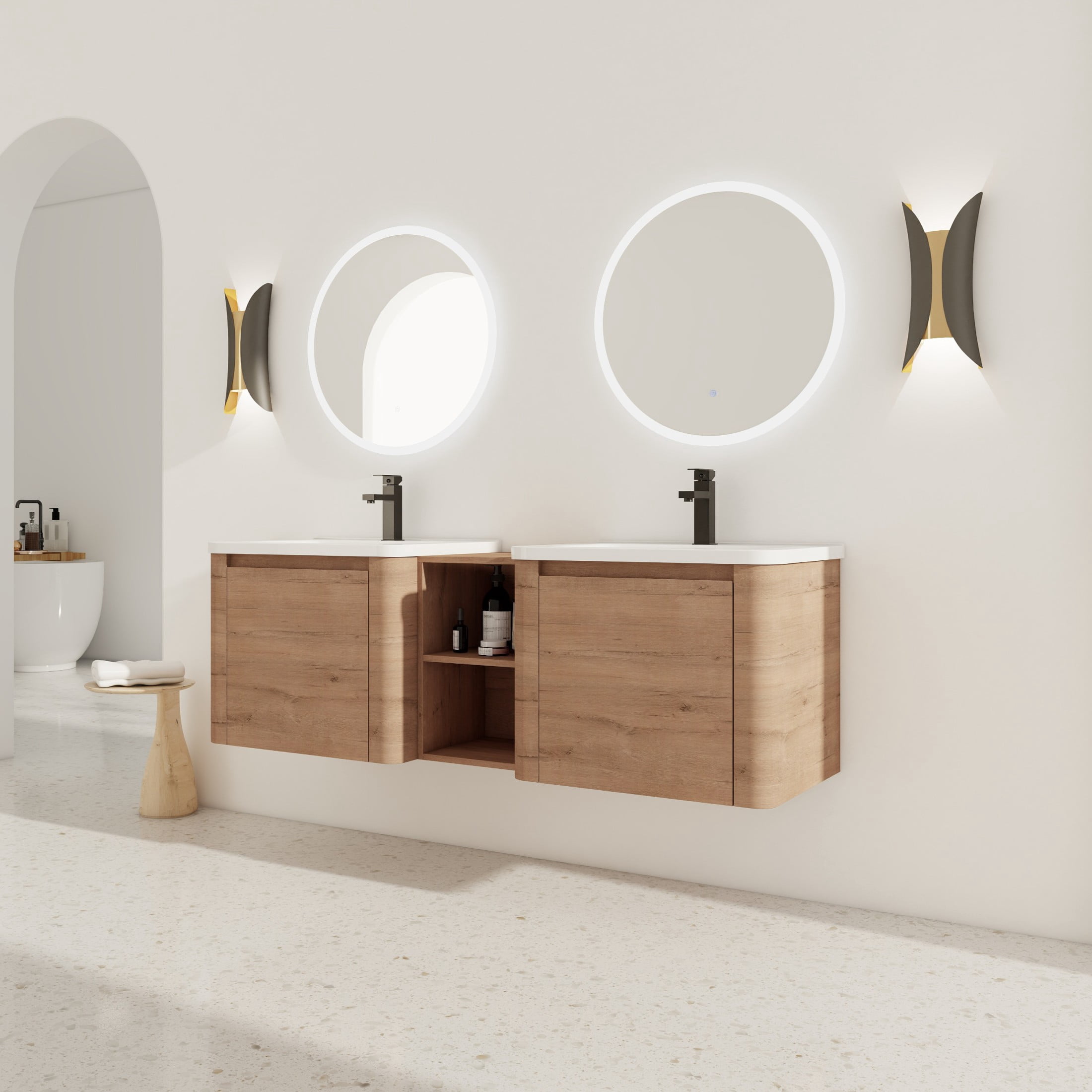 Noble House 60" Floating Bathroom Vanity, White Ceramic Sink, Soft-Close Door, Rounded Corners, Shelves, Imitative Oak