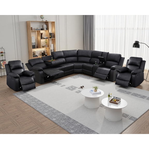 Manual Recliner Sectional Sofa Set, Bonded Leather L-Shaped Living Room Furniture Sets, Reclining Sectional Corner Couch and 2 Reclining Chairs Set for Home Office (Black, Sectional 2 Chairs)