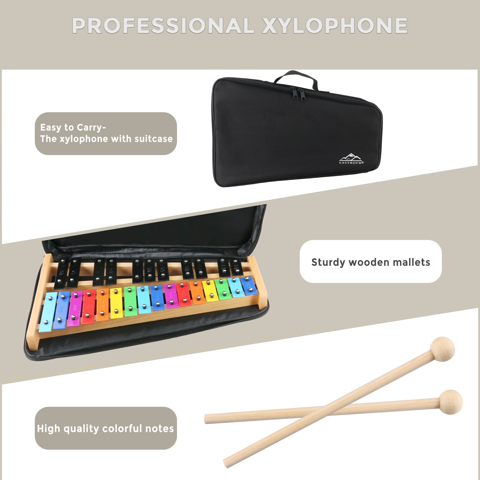 EASTROCK Xylophone Glockenspiel Wooden Frame & 27-Note Metal Keys,with Carry Bag and Mallets,Professional Xylophone for Classes/Band/Stage