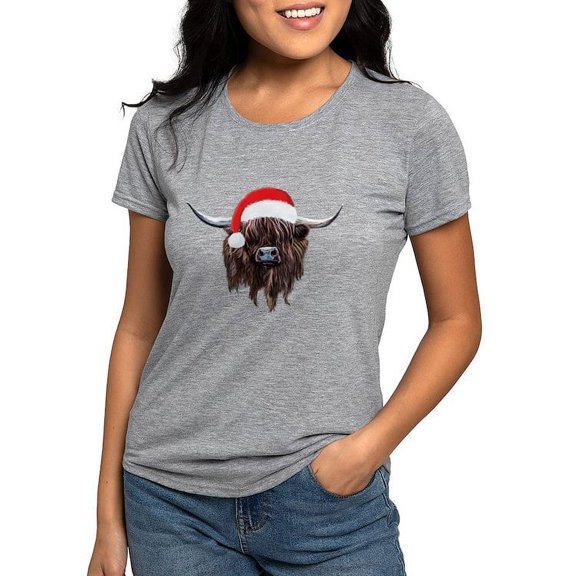 CafePress - Highland Cow Santa Hat Xmas T Shirt - Womens Tri-blend T-Shirt