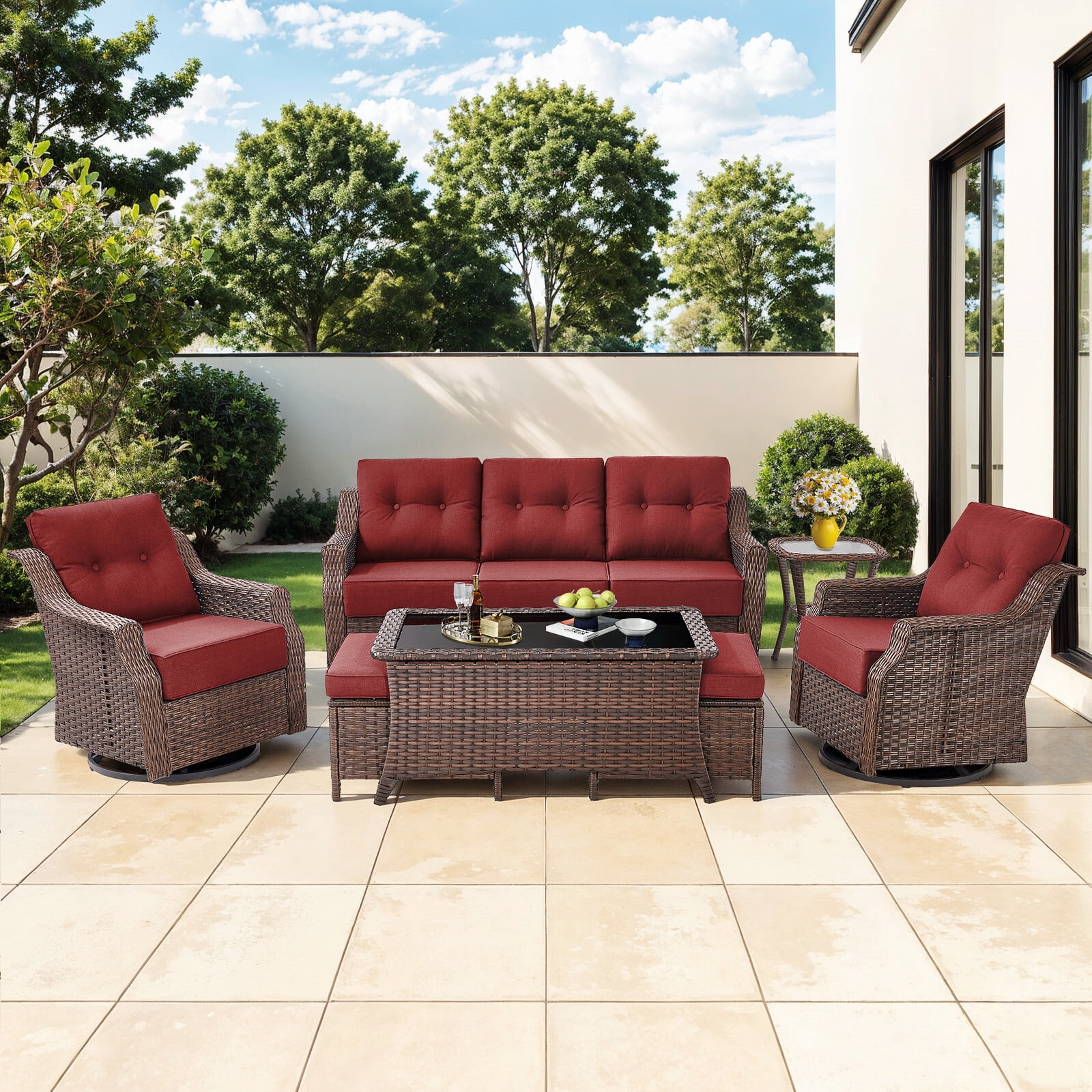 Bellefurn Outdoor Patio Furniture Set with 6 inch Thick Cushion and Swivel Rocker Chairs,Wicker Sofa,Coffee Table and Ottomans,7Pcs Outdoor Conversation Set for Porch,Deck,Yard