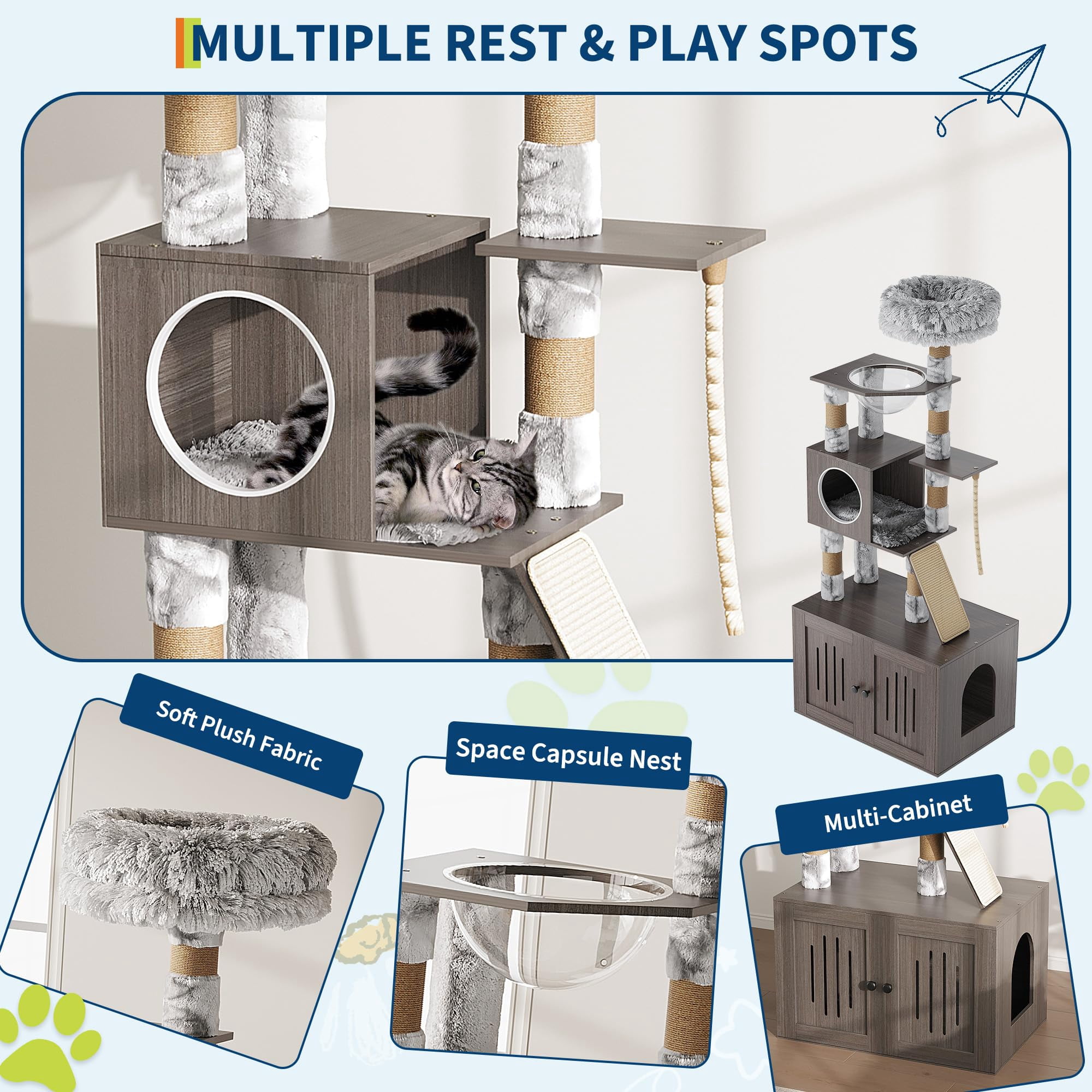 Litter Box Enclosure  with Cat Tree, 2-In-1 Cat Tower, 66.9-Inch Tall Cat Condo with Scratching Posts