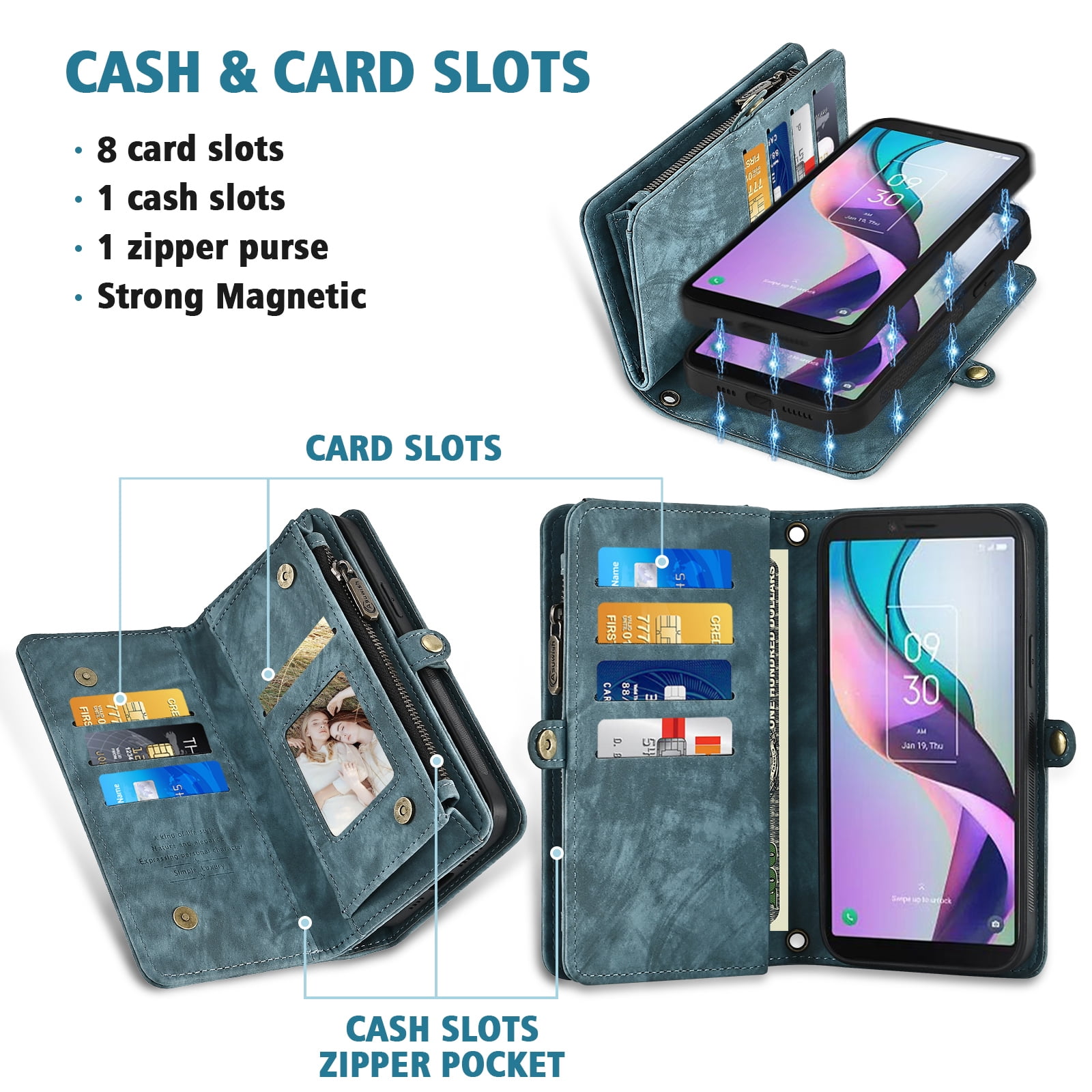Asuwish Phone Case for Metro TCL Ion X/Ion V/40Z T607DL Zipper Wallet Detachable Cell Cover with Tempered Glass Screen Protector Crossbody Strap Flip Card Holder IonX T430W IonV 2023 Women Girls Blue