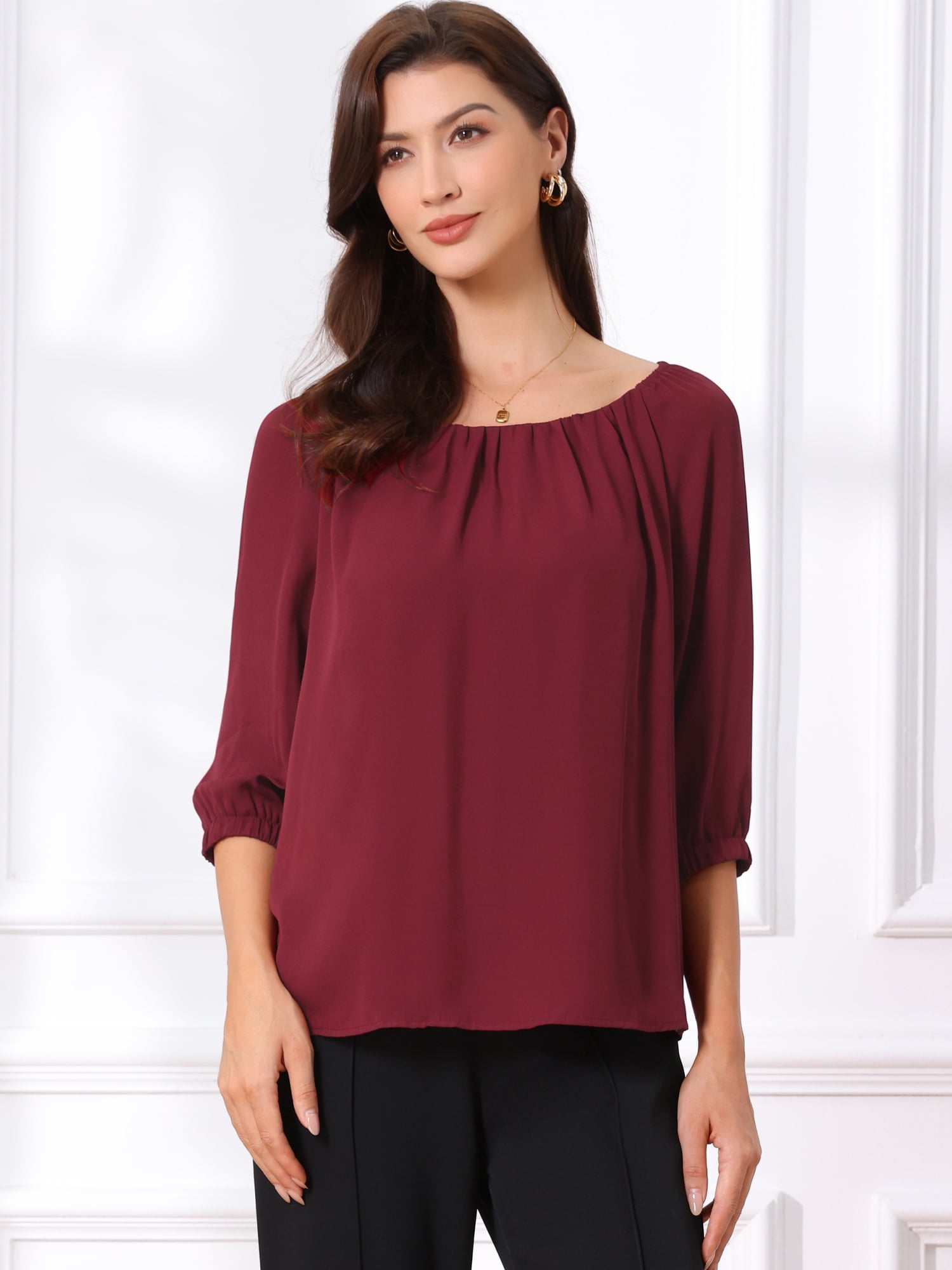 DARING DIVA Women's Office Half Sleeve Crew Neck Dressy Casual Tops S Wine Red