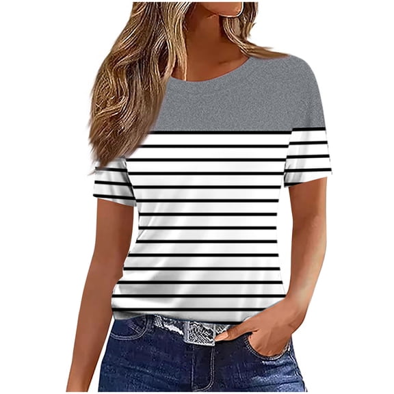 Ashirexll Womens Casual Tops, Summer Shirts for Women, Fashion Casual Summer Striped Round Neck Short Sleeve Loose T-Shirt