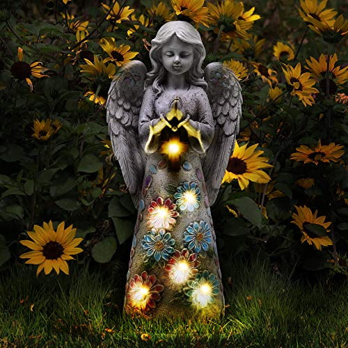 Voveexy Angel Garden Figurine Outdoor Statue Solar Sculpture With 7 Leds Welcome Sign Resin Praying Art Decor For Patio Lawn Yard Porch Decoration Housewarming Gift Com Voveexy Angel Garden Figurine Outdoor, Outdoor Garden Art