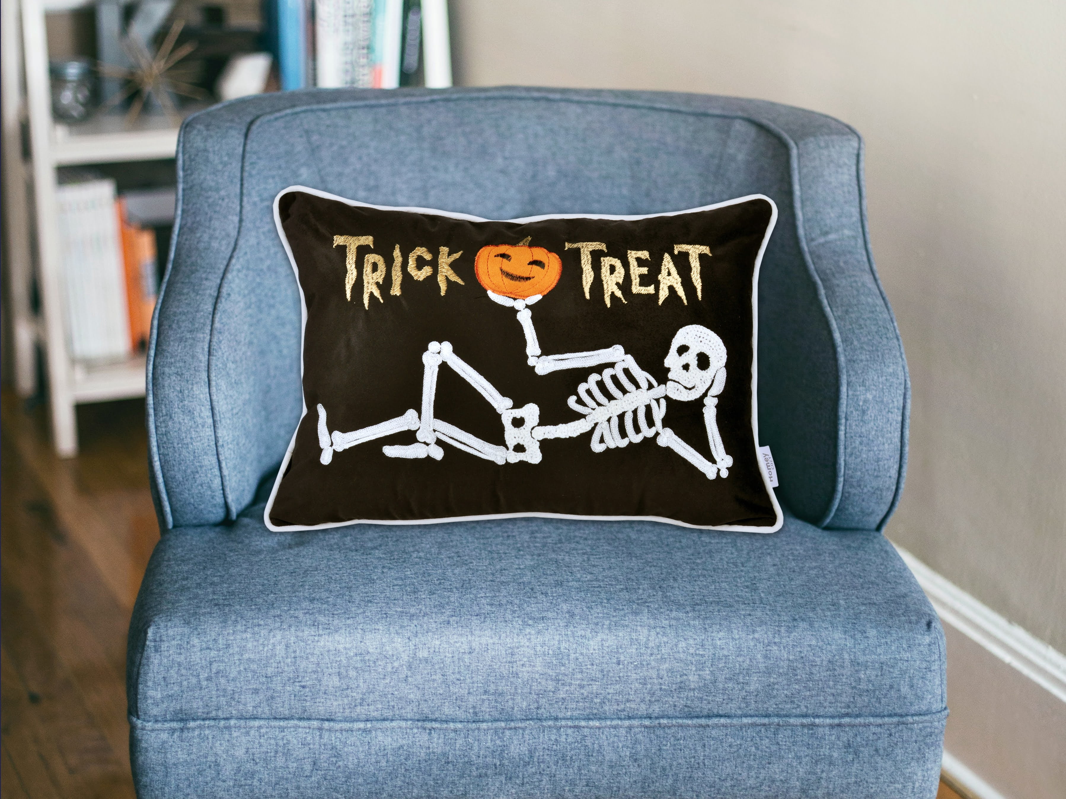 Trick or Treat Skeleton Embroidered Lumbar Throw Pillow 14x20 Inch Black Velvet for Sofa Bed Halloween Decor