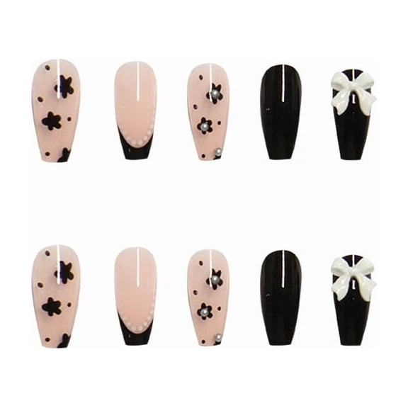 Cute Long Coffin Press on Nails Black Glossy Fake Nails Design Flower Bow French False Nails Tips Full Cover Halloween 24Pcs
