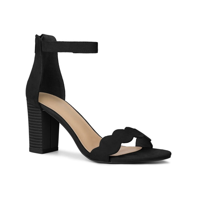 BLISSFUL STEP Women's Sandals Ankle Strap Scalloped Decor Block Heels Sandals Black 9