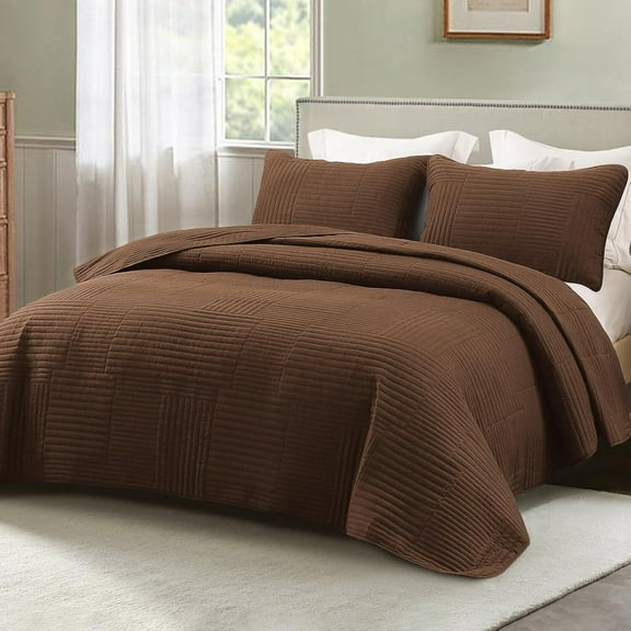 Whale Flotilla Twin Quilt Set, Soft and Lightweight Bedspreads Coverlet with Striped Pattern, Reversible Bedding Sets with Pillow Shams, 68x88 Inches, Brown