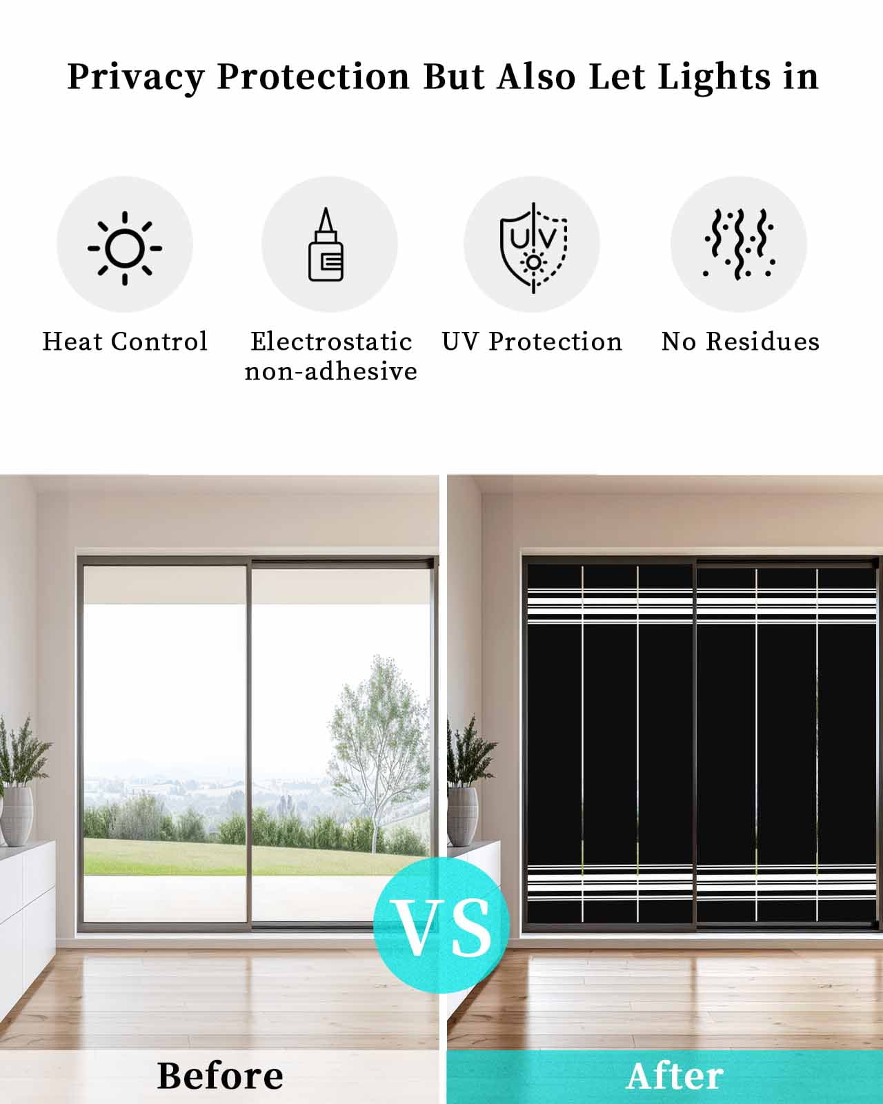 Window Privacy Film,Black Stripes UV Sun Blocking Window Tint Film Heat Control One Way Blackout Window Film,Farmhouse Modern White Vertical Lines Non Adhesive Static Cling Window Sticker 23.6x59 In